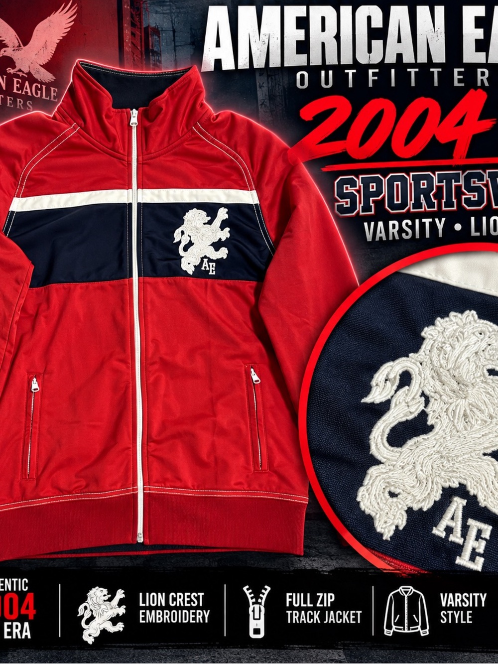 Vintage 2004 American Eagle AE Jacket Y2K Varsity Lion Track Red Mens S